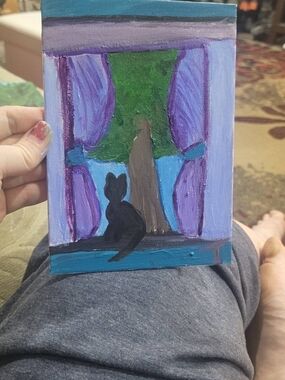 Purple Curtain Window Painting with Black Cat Silhouette